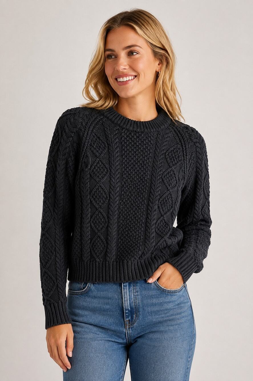 L.L.Bean Signature Cotton Fisherman Cable Knit Sweater Charcoal